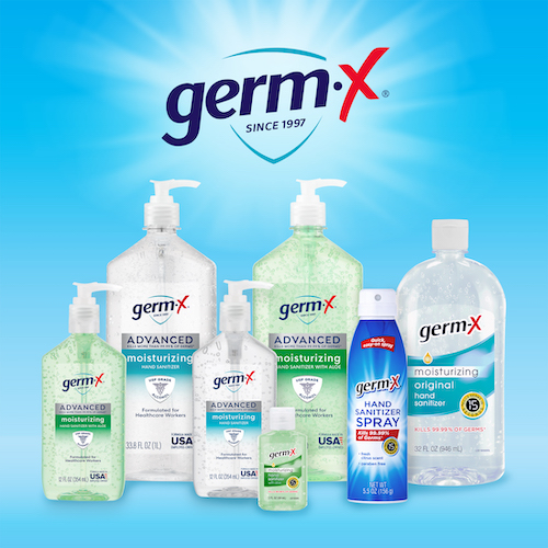 new germ-x advanced hand sanitizer products grouped together on a blue background with germ-x logo at top